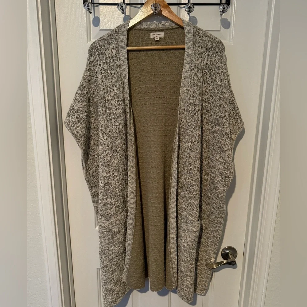 World Market One Size Kimono Cardigan Poncho Duster L XL 1X 2X 3X Pockets Taupe - Picture 3 of 12